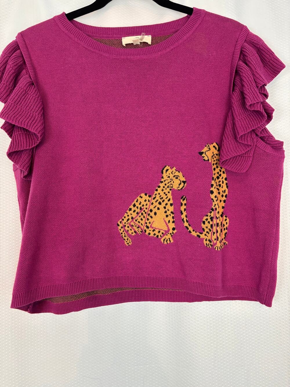 Entro purple knit top with flutter sleeves and cheetahs feminine size large